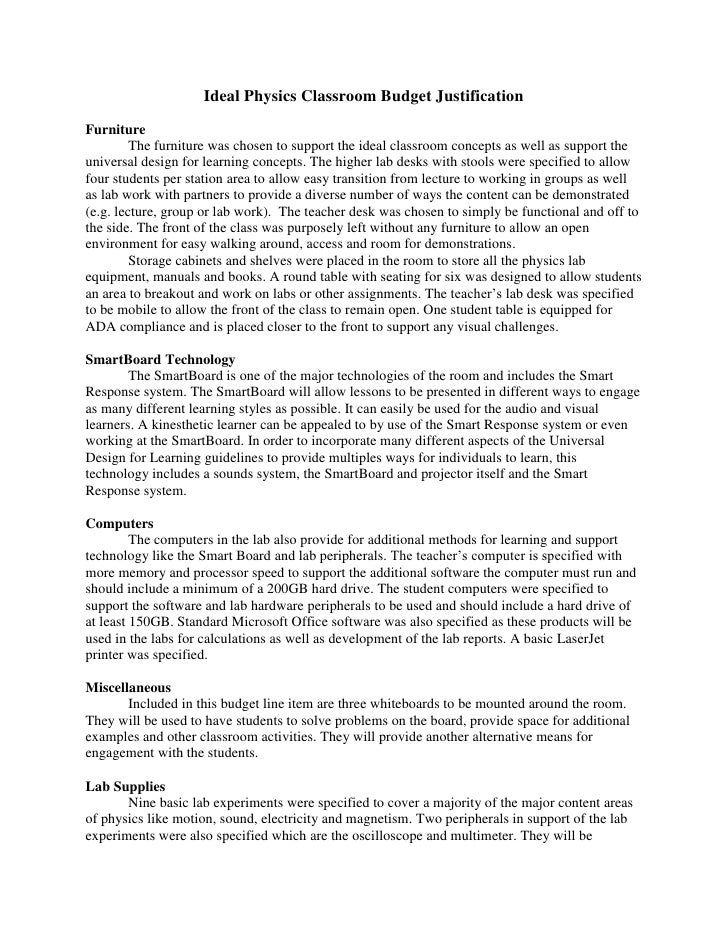 Ideal Physics Classroom Budget Justification