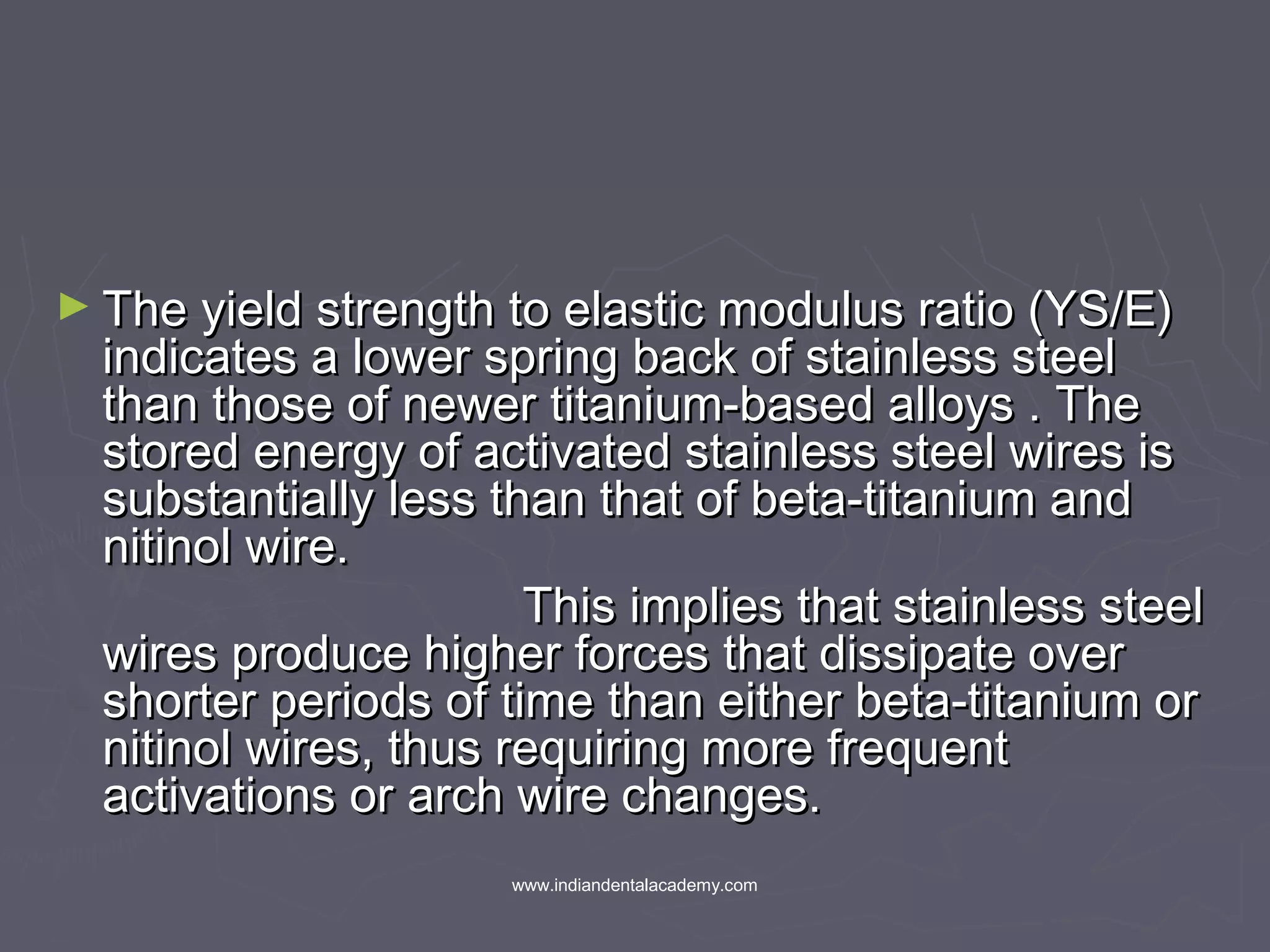 ► The yield strength to elastic modulus ratio (YS/E)The yield strength to elastic modulus ratio (YS/E)
indicates a lower spring back of stainless steelindicates a lower spring back of stainless steel
than those of newer titanium-based alloys . Thethan those of newer titanium-based alloys . The
stored energy of activated stainless steel wires isstored energy of activated stainless steel wires is
substantially less than that of beta-titanium andsubstantially less than that of beta-titanium and
nitinol wire.nitinol wire.
This implies that stainless steelThis implies that stainless steel
wires produce higher forces that dissipate overwires produce higher forces that dissipate over
shorter periods of time than either beta-titanium orshorter periods of time than either beta-titanium or
nitinol wires, thus requiring more frequentnitinol wires, thus requiring more frequent
activations or arch wire changes.activations or arch wire changes.
www.indiandentalacademy.com
 
