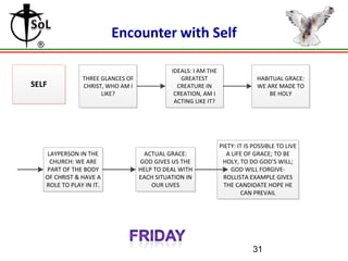 Encounter with Self

SELF

THREE GLANCES OF
CHRIST, WHO AM I
LIKE?

LAYPERSON IN THE
CHURCH: WE ARE
PART OF THE BODY
OF CHRIST & HAVE A
ROLE TO PLAY IN IT.

IDEALS: I AM THE
GREATEST
CREATURE IN
CREATION, AM I
ACTING LIKE IT?

ACTUAL GRACE:
GOD GIVES US THE
HELP TO DEAL WITH
EACH SITUATION IN
OUR LIVES

HABITUAL GRACE:
WE ARE MADE TO
BE HOLY

PIETY: IT IS POSSIBLE TO LIVE
A LIFE OF GRACE; TO BE
HOLY, TO DO GOD’S WILL;
GOD WILL FORGIVEROLLISTA EXAMPLE GIVES
THE CANDIDATE HOPE HE
CAN PREVAIL

31

 