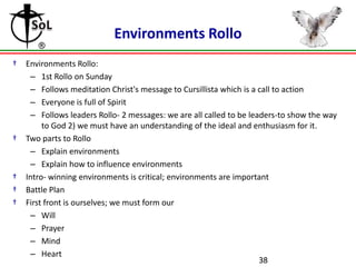 Environments Rollo
†

†

†
†
†

Environments Rollo:
– 1st Rollo on Sunday
– Follows meditation Christ's message to Cursillista which is a call to action
– Everyone is full of Spirit
– Follows leaders Rollo- 2 messages: we are all called to be leaders-to show the way
to God 2) we must have an understanding of the ideal and enthusiasm for it.
Two parts to Rollo
– Explain environments
– Explain how to influence environments
Intro- winning environments is critical; environments are important
Battle Plan
First front is ourselves; we must form our
– Will
– Prayer
– Mind
– Heart
38

 