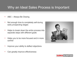 Why an Ideal Sales Process is Important
•

ABC – Always Be Closing

•

Not enough time to completely sell during
early prospecting stages

•

Helps to break down the entire process into
separate steps with different goals

•

Helps you to be more focused and in more
control

•

Improve your ability to deflect objections

•

Can greatly improve effectiveness

 