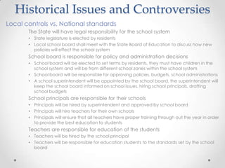 Historical Issues and Controversies
Local controls vs. National standards
       The State will have legal responsibility for the school system
       • State legislature is elected by residents
       • Local school board shall meet with the State Board of Education to discuss how new
         policies will effect the school system
       School board is responsible for policy and administration decisions
       • School board will be elected to set terms by residents, they must have children in the
         school system and will be from different school zones within the school system
       • School board will be responsible for approving policies, budgets, school administrations
       • A school superintendent will be appointed by the school board, the superintendent will
         keep the school board informed on school issues, hiring school principals, drafting
         school budgets
       School principals are responsible for their schools
       • Principals will be hired by superintendent and approved by school board
       • Principals will hire teachers for their own schools
       • Principals will ensure that all teachers have proper training through out the year in order
         to provide the best education to students
       Teachers are responsible for education of the students
       • Teachers will be hired by the school principal
       • Teachers will be responsible for education students to the standards set by the school
         board
 