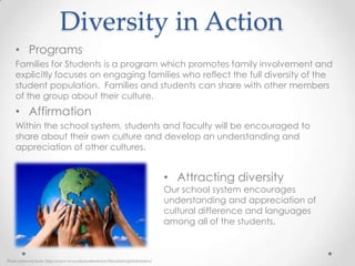 Diversity in Action
    • Programs
    Families for Students is a program which promotes family involvement and
    explicitly focuses on engaging families who reflect the full diversity of the
    student population. Families and students can share with other members
    of the group about their culture.
    • Affirmation
    Within the school system, students and faculty will be encouraged to
    share about their own culture and develop an understanding and
    appreciation of other cultures.


                                                                                    • Attracting diversity
                                                                                    Our school system encourages
                                                                                    understanding and appreciation of
                                                                                    cultural difference and languages
                                                                                    among all of the students.



Photo retrieved from: http://www.nccu.edu/academics/sc/liberalarts/globalstudies/
 