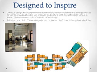 Designed to Inspire
•   Campus design will incorporate environmentally friendly materials and energy sources
    as well as providing flexible use of space and natural light. Herget Middle School in
    Aurora, Illinois is an example of a well-crafted design.
•   Retrieved from: http://www.designshare.com/index.php/projects/herget-middle/intro
 