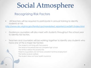 Social Atmosphere
         Recognizing Risk Factors

•    All teachers will be required to participate in annual training to identify
    students at risk.
http://www.dss.virginia.gov/family/cps/mandated_reporters/cws5691/index.html

•   Guidance counselors will also meet with students throughout the school year
    to identity risk factors.

•   Teachers and counselors will be working together to identify any students who
    have one of the 6 major risk factors:
             The student is not living with two parents
             The head of household did not complete high school
             The family is below the poverty line
             Parents or guardians do not have consistent full-time employment
             The family receives welfare
             The student does not have health insurance
 