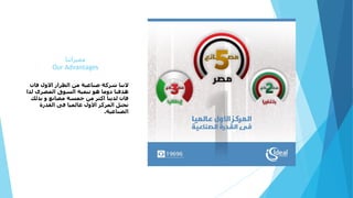 ‫مميزاتنا‬
Our Advantages
‫فان‬ ‫االول‬ ‫الطراز‬ ‫من‬ ‫صناعية‬ ‫شركة‬ ‫الننا‬
‫لذا‬ ‫المصرى‬ ‫السوق‬ ‫تنمية‬ ‫هو‬ ‫دوما‬ ‫هدفنا‬
‫بذلك‬ ‫و‬ ‫مصانع‬ ‫خمسة‬ ‫من‬ ‫اكثر‬ ‫لدينا‬ ‫فان‬
‫القدرة‬ ‫فى‬ ‫عالميا‬ ‫االول‬ ‫المركز‬ ‫نحتل‬
‫الصناعية‬.
 