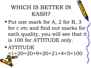 WHICH IS BETTER IN KASH? Put one mark for A, 2 for B, 3 for c etc and find out marks for each quality, you will see that it is 100 for ATTITUDE only. ATTITUDE =1+20+20+9+20+21+4+5=100 