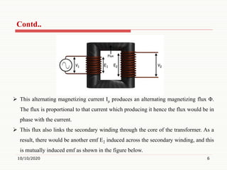 10/10/2020 6
 This alternating magnetizing current Iμ produces an alternating magnetizing flux Φ.
The flux is proportional to that current which producing it hence the flux would be in
phase with the current.
 This flux also links the secondary winding through the core of the transformer. As a
result, there would be another emf E2 induced across the secondary winding, and this
is mutually induced emf as shown in the figure below.
Contd..
 