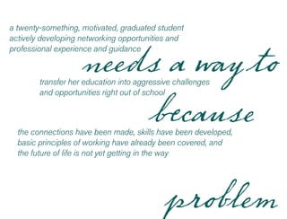 problem
needs a way to
because
a twenty-something, motivated, graduated student
actively developing networking opportunities and
professional experience and guidance
transfer her education into aggressive challenges
and opportunities right out of school
the connections have been made, skills have been developed,
basic principles of working have already been covered, and
the future of life is not yet getting in the way
 