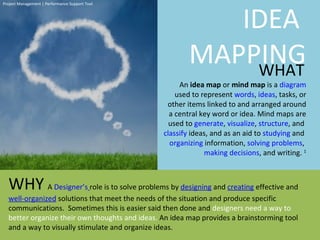 IDEA  MAPPING WHAT   An  idea map  or  mind map  is a  diagram  used to represent  words ,  ideas , tasks, or other items linked to and arranged around a central key word or idea. Mind maps are used to  generate ,  visualize ,  structure , and  classify  ideas, and as an aid to  studying  and  organizing  information,  solving problems ,  making decisions , and writing.  1 WHY   A  Designer ’s   role is to solve problems by  designing  and  creating  effective and  well-organized  solutions that meet the needs of the situation and produce specific communications.  Sometimes this is easier said then done and  designers need a way to better organize their own thoughts and ideas.  An idea map provides a brainstorming tool and a way to visually stimulate and organize ideas. Project Management | Performance Support Tool  