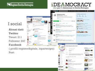 I social
Alcuni dati:
Twitter
Tweet: 211
Follower: 247
Facebook
( profili regionedigitale, iopartecipo):
Post:
 