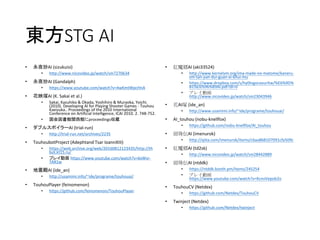 東方STG AI
• 永夜抄AI (sizukuisi)
• http://www.nicovideo.jp/watch/sm7270634
• 永夜抄AI (Gandalph)
• https://www.youtube.com/watch?v=4wKmtWpcHnA
• 花映塚AI (K. Sakai et al.)
• Sakai, Kazuhiko & Okada, Yoshihiro & Muraoka, Yoichi.
(2010). Developing AI for Playing Shooter Games - Touhou
Kaeizuka.. Proceedings of the 2010 International
Conference on Artificial Intelligence, ICAI 2010. 2. 748-752.
• 国会図書館関西館にproceedings収蔵
• ダブルスポイラーAI (trial-run)
• http://trial-run.net/archives/2235
• TouhoubotProject (Adephtand Tsar IoannXIII)
• https://web.archive.org/web/20160812123435/http://th
bot.kt15.ru/
• プレイ動画 https://www.youtube.com/watch?v=6xWvr-
TAR1w
• 地霊殿AI (ide_an)
• http://usamimi.info/~ide/programe/touhouai/
• TouhouPlayer (feinomenon)
• https://github.com/feinomenon/TouhouPlayer
• 紅魔郷AI (aki33524)
• http://www.kernelvm.org/ima-made-no-matome/kaneru-
vm-tan-jian-dui-guan-xi-6hui-mu
• https://www.dropbox.com/s/hy0tvgocxourltw/%E6%9D%
B1%E6%96%B9AI.pdf?dl=0
• プレイ動画
http://www.nicovideo.jp/watch/sm23043946
• 花AI塚 (ide_an)
• http://www.usamimi.info/~ide/programe/touhouai/
• AI_touhou (nobu-knellfox)
• https://github.com/nobu-knellfox/AI_touhou
• 紺珠伝AI (imenurok)
• http://qiita.com/imenurok/items/c6aa868107091cfa509c
• 紅魔郷AI (td2sk)
• http://www.nicovideo.jp/watch/sm28442889
• 紺珠伝AI (ntddk)
• https://ntddk.booth.pm/items/245254
• プレイ動画
https://www.youtube.com/watch?v=KcnvVepob2o
• TouhouCV (Netdex)
• https://github.com/Netdex/TouhouCV
• Twinject (Netdex)
• https://github.com/Netdex/twinject
 