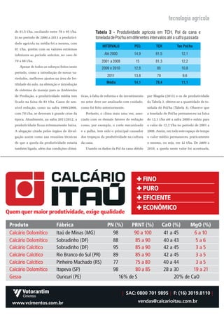 tecnologia agrícola
de 81,5 t/ha, oscilando entre 78 e 95 t/ha.
Já no período de 2000 a 2011 a produtivi-
dade agrícola na média foi a mesma, com
81 t/ha, porém com os valores extremos
inferiores ao período anterior, no caso de
70 a 88 t/ha.
   Apesar de todos os esforços feitos neste
período, como a introdução de novas va-
riedades, melhores ajustes na área de fer-
tilidade do solo, na obtenção e introdução
de sistemas de manejo para os Ambientes
de Produção, a produtividade média tem        ticas, à falta de reforma e de investimento   por Magela (2011) e os de produtividade
ficado na faixa de 81 t/ha. Casos de sen-     no setor deve ser analisada com cuidado,      da Tabela 2, obteve-se a quantidade de to-
sível redução, como na safra 1999/2000,       como foi feito anteriormente.                 nelada de Pol/ha (Tabela 3). Observe que
com 70 t/ha, se deveram à grande crise da        Portanto, o clima mais uma vez, asso-      a tonelada de Pol/ha permaneceu na faixa
época. Atualmente, na safra 2011/2012, a      ciado com os demais fatores de redução        de 12,1 t/ha até a safra 2000 e subiu para
produtividade ficou extremamente baixa.       como, por exemplo, o corte mecanizado         o valor de 12,2 t/ha no período de 2001 a
A alegação citada pelos órgãos de divul-      e a palha, tem sido o principal causador      2008. Assim, em todo este espaço de tempo
gação assim como nas reuniões técnicas        dos tropeços da produtividade na cultura      o valor médio permaneceu praticamente
de que a queda da produtividade estaria       da cana.                                      o mesmo, ou seja, em 12 t/ha. De 2009 a
também ligada, além das condições climá-         Usando os dados da Pol da cana obtido      2010, a queda neste valor foi acentuada,




                                                                                                                                   23
 
