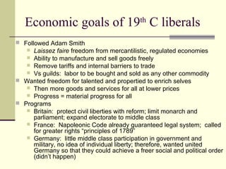 Economic goals of 19th
C liberals
 Followed Adam Smith
 Laissez faire freedom from mercantilistic, regulated economies
 Ability to manufacture and sell goods freely
 Remove tariffs and internal barriers to trade
 Vs guilds: labor to be bought and sold as any other commodity
 Wanted freedom for talented and propertied to enrich selves
 Then more goods and services for all at lower prices
 Progress = material progress for all
 Programs
 Britain: protect civil liberties with reform; limit monarch and
parliament; expand electorate to middle class
 France: Napoleonic Code already guaranteed legal system; called
for greater rights “principles of 1789”
 Germany: little middle class participation in government and
military, no idea of individual liberty; therefore, wanted united
Germany so that they could achieve a freer social and political order
(didn’t happen)
 