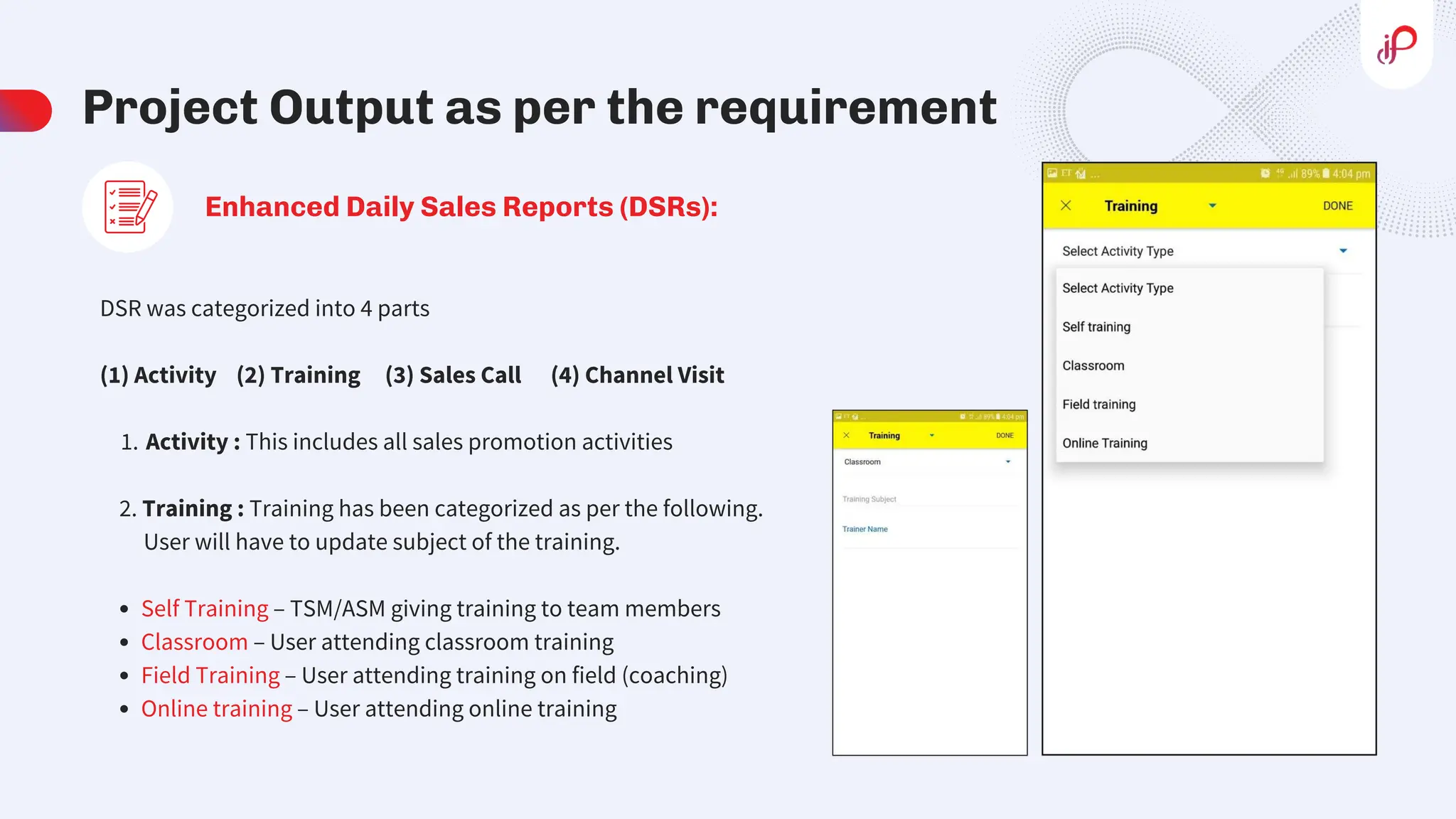 Project Output as per the requirement
Enhanced Daily Sales Reports (DSRs):
DSR was categorized into 4 parts
(1) Activity (2) Training (3) Sales Call (4) Channel Visit
Activity : This includes all sales promotion activities
1.
2. Training : Training has been categorized as per the following.
User will have to update subject of the training.
Self Training – TSM/ASM giving training to team members
Classroom – User attending classroom training
Field Training – User attending training on field (coaching)
Online training – User attending online training
 