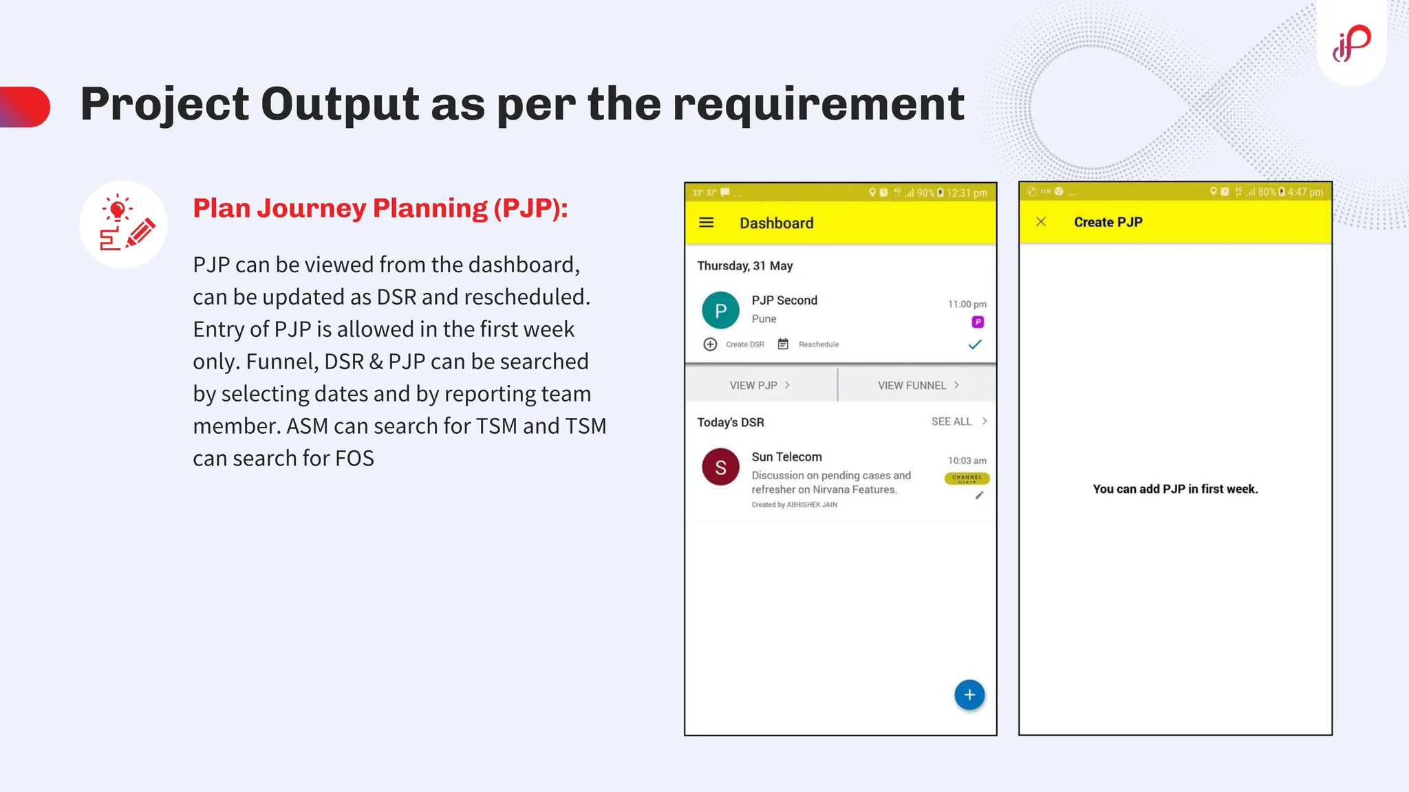 Project Output as per the requirement
PJP can be viewed from the dashboard,
can be updated as DSR and rescheduled.
Entry of PJP is allowed in the first week
only. Funnel, DSR & PJP can be searched
by selecting dates and by reporting team
member. ASM can search for TSM and TSM
can search for FOS
Plan Journey Planning (PJP):
 