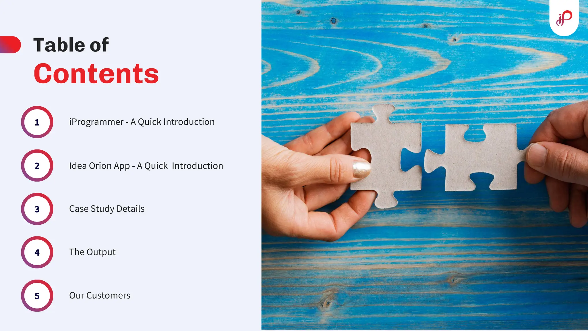 1
4
2
3
5
Table of
Contents
iProgrammer - A Quick Introduction
The Output
Idea Orion App - A Quick Introduction
Case Study Details
Our Customers
 