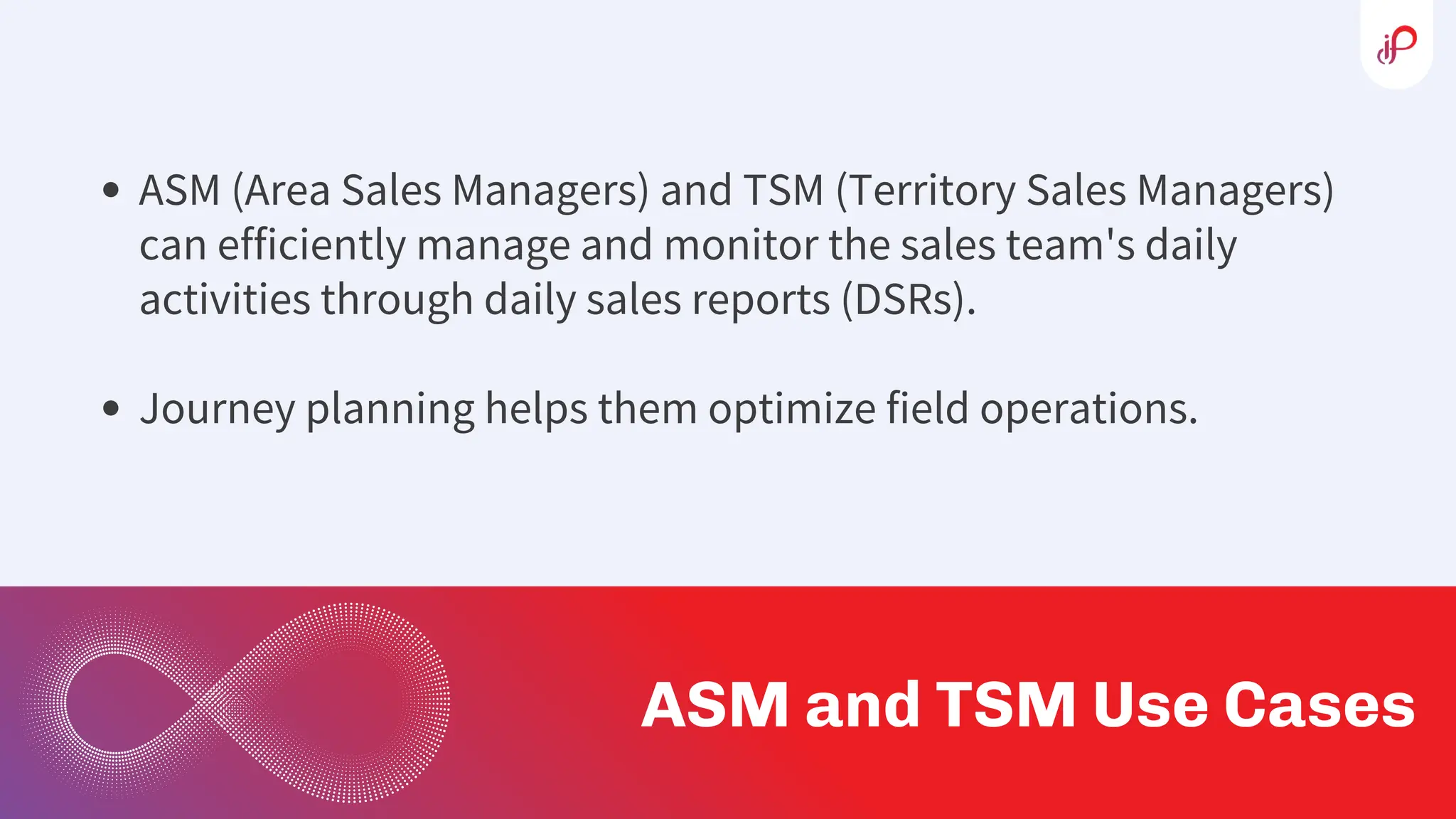ASM (Area Sales Managers) and TSM (Territory Sales Managers)
can efficiently manage and monitor the sales team's daily
activities through daily sales reports (DSRs).
Journey planning helps them optimize field operations.
ASM and TSM Use Cases
 
