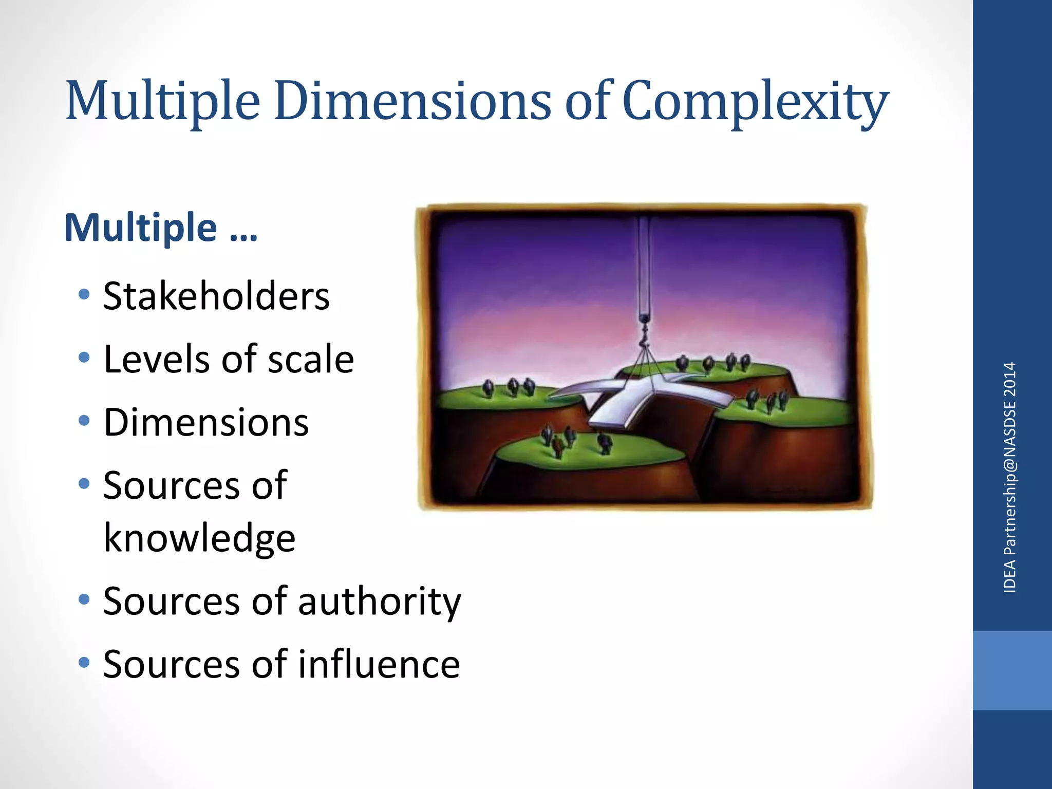 Multiple Dimensions of Complexity 
Multiple … 
• Stakeholders 
• Levels of scale 
• Dimensions 
• Sources of 
knowledge 
• Sources of authority 
• Sources of influence 
IDEA Partnership@NASDSE 2014 
 