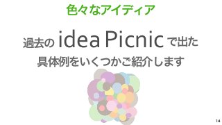 14 
色々なアイディア 
過去のidea 
Picnicで出た 
具体例をいくつかご紹介します 
 