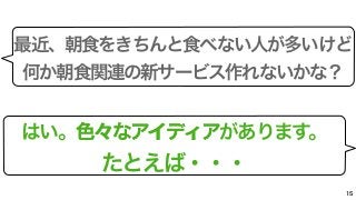 最近、朝食をきちんと食べない人が多いけど 
何か朝食関連の新サービス作れないかな？ 
はい。色々なアイディア
があります。 
たとえば・・・ 
15 
 