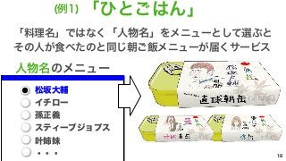 16 
(例1)「ひとごはん」 
「料理名」ではなく「人物名」をメニューとして選ぶと 
その人が食べたのと同じ朝ご飯メニューが届くサービス 
人物名のメニュー 
松坂大輔 
イチロー 
孫正義 
スティーブジョブス 
叶姉妹 
・・・ 
 