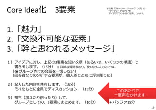 16
コア・アイデア シート
1.「魅⼒」
2.「交換不可能な要素」
3.「幹と思われるメッセージ」
 