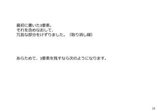 0‐1）このアイデアのもつ機能は何ですか？誰にとって有益な機能ですか？
0‐2）このアイデアのもつ意味は何ですか？誰にとって意味があるものですか？
1‐1）あなたがこのアイデアを好きだと思う所、魅⼒を感じる所は？
1‐2）魅⼒を成す部分の本質は何でしょう。
2‐1）アイデアを構成する要素のうち、外してもアイデアの本質は変わらないものは？
2‐2）アイデアを構成する要素のうち、外すとアイデアの本質が変わってしまうものは？
3‐1）このアイデアのメッセージは何ですか？誰に向けたメッセージですか？
3‐2）幹と思われるメッセージは何でしょう。
質問リスト
22
・綴じる、という⾏為に、（あそびの）楽しさ、も付与する。あそび⼼のある⼤⼈。
・単調な作業も、みんなで協働すると楽しくできる。あそび⼼のある⼤⼈の集団。
（そうか、、そうすると、セット販売がいいかな）
・単⾳が出るところ。複数⼈だともっと楽しくなるところ。
・退屈な作業に、あそびを作れる
・単調な作業が楽しくなる。複数⼈だと、黙っていても、もっと楽しくなる。
・⾳が規定されているところ（例えば、はじめの⼀発を打つときに、ミのボタンを押しておくと、次から同じ紙束にたいしてミの⾳が出る、という⽅式もあり）
・同じ紙束ならば、同じ⾳が出る。（資料閉じ30部、とかの時に、ずっと同じ⾳。）
・⼀回ぱちんとやったら、⼀つ⾳が出る
・退屈な作業も楽しく出来るんだ。単調な作業が嫌いな、あそび⼼のある⼤⼈
・単純作業も、リズムを楽しむうちに、いつの間にか終わってしまいます
・退屈な作業も、だまったままでも、みんなでやると、もっと楽しくできます。
 