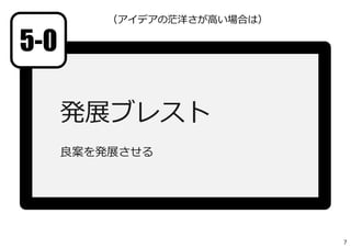 発展ブレスト
⼈数分の椅⼦と机を確保して
荷物を持って集まる
（核にしたアイデアスケッチも
持っていく）
7
◎、アイデアの詳細をブレスト的に話し合って
もらい、収束をさせて、具体レベルを上げてく
ださい。（進め⽅は⾃由）
 