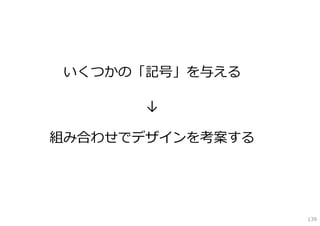 いくつかの「記号」を与える

       ↓

組み合わせでデザインを考案する




                  139
 