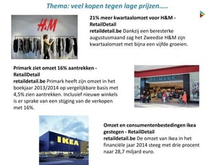Thema: veel kopen tegen lage prijzen…..
Primark ziet omzet 16% aantrekken -
RetailDetail
retaildetail.be Primark heeft zijn omzet in het
boekjaar 2013/2014 op vergelijkbare basis met
4,5% zien aantrekken. Inclusief nieuwe winkels
is er sprake van een stijging van de verkopen
met 16%.
21% meer kwartaalomzet voor H&M -
RetailDetail
retaildetail.be Dankzij een beresterke
augustusmaand zag het Zweedse H&M zijn
kwartaalomzet met bijna een vijfde groeien.
Omzet en consumentenbestedingen Ikea
gestegen - RetailDetail
retaildetail.be De omzet van Ikea in het
financiële jaar 2014 steeg met drie procent
naar 28,7 miljard euro.
 
