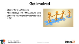 © Copyright 2017. All rights reserved.
• Stop by for a LENS demo
• Attend todays 4:15 PM IDX round table
• Schedule your migration/upgrade wave
today
Get Involved
 