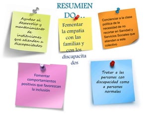 RESUMIENDO.
…
Tratar a las
personas con
discapacidad como
a personas
normales
 