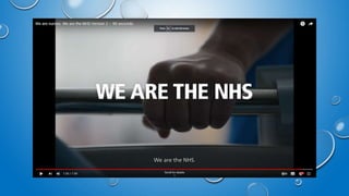 THE NHS ADVERTISEMENTS THAT I HAVE
BEEN RESEARCHING SHOW A FAST PAST
CUTTING THAT FEATURES SAD AND
MONOTONE SCENARIOS THAT...