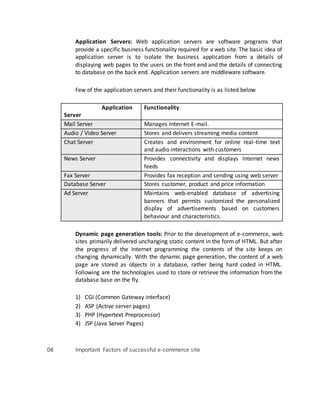 Application Servers: Web application servers are software programs that
provide a specific business functionality required for a web site. The basic idea of
application server is to isolate the business application from a details of
displaying web pages to the users on the front end and the details of connecting
to database on the back end. Application servers are middleware software.
Few of the application servers and their functionality is as listed below
Application
Server
Functionality
Mail Server Manages Internet E-mail.
Audio / Video Server Stores and delivers streaming media content
Chat Server Creates and environment for online real-time text
and audio interactions with customers
News Server Provides connectivity and displays Internet news
feeds
Fax Server Provides fax reception and sending using web server
Database Server Stores customer, product and price information
Ad Server Maintains web-enabled database of advertising
banners that permits customized the personalized
display of advertisements based on customers
behaviour and characteristics.
Dynamic page generation tools: Prior to the development of e-commerce, web
sites primarily delivered unchanging static content in the form of HTML. But after
the progress of the Internet programming the contents of the site keeps on
changing dynamically. With the dynamic page generation, the content of a web
page are stored as objects in a database, rather being hard coded in HTML.
Following are the technologies used to store or retrieve the information from the
database base on the fly.
1) CGI (Common Gateway interface)
2) ASP (Active server pages)
3) PHP (Hypertext Preprocessor)
4) JSP (Java Server Pages)
08 Important Factors of successful e-commerce site
 
