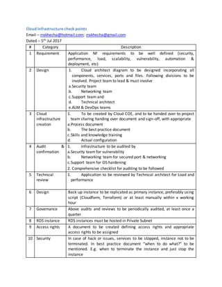 Cloud infrastructure check points
Email – rrakhecha@hotmail.com; rrakhecha@gmail.com
Dated – 5th Jul 2017
# Category Description
1 Requirement Application NF requirements to be well defined (security,
performance, load, scalability, vulnerability, automation &
deployment, etc)
2 Design 1. Cloud architect diagram to be designed incorporating all
components, services, ports and files. Following divisions to be
involved. Project team to lead & must involve
a.Security team
b. Networking team
c.Support team and
d. Technical architect
e.ALM & DevOps teams
3 Cloud
infrastructure
creation
1. To be created by Cloud COE, and to be handed over to project
team sharing handing over document and sign-off, with appropriate
a.Process document
b. The best practice document
c.Skills and knowledge training
d. Actual configuration
4 Audit &
confirmation
1. Infrastructure to be audited by
a.Security team for vulnerability
b. Networking team for secured port & networking
c.Support team for OS hardening
2. Comprehensive checklist for auditing to be followed
5 Technical
review
1. Application to be reviewed by Technical architect for Load and
performance
6 Design Back up instance to be replicated as primary instance, preferably using
script (Cloudform, Terraform) or at least manually within x working
hour
7 Governance Above audits and reviews to be periodically audited, at least once a
quarter
8 RDS instance RDS instances must be hosted in Private Subnet
9 Access rights A document to be created defining access rights and appropriate
access rights to be assigned
10 Security In case of hack or issues, services to be stopped, instance not to be
terminated. In best practice document “when to do what?” to be
mentioned. E.g. when to terminate the instance and just stop the
instance
 