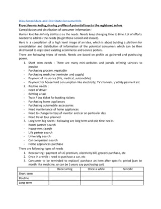 Idea-Consolidate-and-Distribute-ConsumerInfo
Proactive marketing, sharing profiles of potential buys to the registered sellers
Consolidation and distribution of consumer information:-
Human kind has infinity ability so as the needs. Needs keep changing time to time. Lot of efforts
needed to address the needs (to get those served and closed).
Here is a compilation of a high level image of an idea, which is about building a platform for
consolidation and distribution of information of the potential consumers which can be then
distributed to registered existing ecommerce and service portals.
There are following types of needs. Needs are based on profile as gathered and purchasing
power.
1. Short term needs : There are many mini-websites and portals offering services to
provide
- Purchasing grocery, vegetable
- Purchasing medicine (reminder and supply)
- Payment of insurance (life, medical, automobile)
- Payment for house hold consumption like electricity, TV channels, / utility payment etc
2. Routine needs :
- Need of driver
- Renting a taxi
- Train / bus ticket for booking tickets
- Purchasing home appliances
- Purchasing automobile accessories
- Need maintenance of home appliances
- Need to change battery of invertor and car on particular day
- Need travel tour planned
3. Long term big needs : Following are long term and one time needs
- Room partner search
- House rent search
- Life partner search
- University search
- Car comparison search
- Home appliances purchase
There are following types of needs
1. Reoccurring : payment of LIC premium, electricity bill, grocery purchase, etc
2. Once in a while : need to purchase a car, etc
3. Consumer to be reminded to replace/ purchase an item after specific period (can be
month like medicine, or can be 5 years say purchasing car)
Reoccurring Once a while Periodic
Short term
Routine
Long term
 