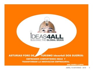 ASTURIAS FORO DE  TURISMO ideas4all DOS SUEÑOS:   EMPRENDER COMPARTIENDO IDEAS  Y  TRANSFORMAR LA INNOVACION EMPRESARIAL   ANA MARÍA LLOPIS  ABRIL 15 ASTURIAS  2010  