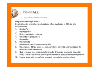 3. LAS CRISIS REINVENTARSE
Preguntarse es un problema
De distribución se me ha roto la cadena y han quebrado el 80% de mis...