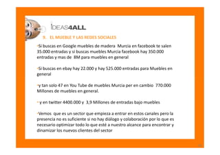 9. EL MUEBLE Y LAS REDES SOCIALES
•Si buscas en Google muebles de madera Murcia en facebook te salen
35.000 entradas y si ...