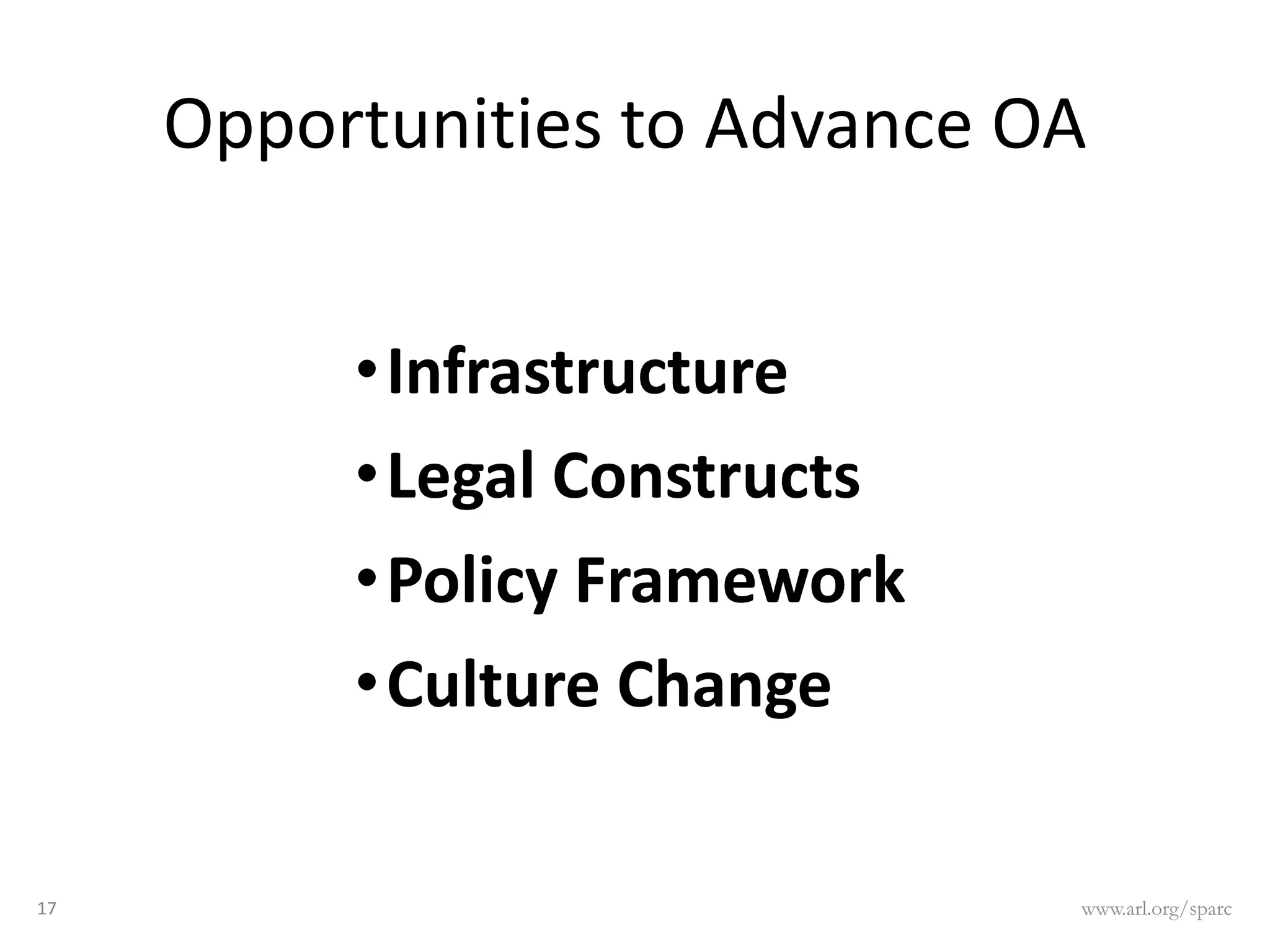 Opportunities to Advance OA


          • Infrastructure
          • Legal Constructs
          • Policy Framework
          • Culture Change

17                             www.arl.org/sparc
 