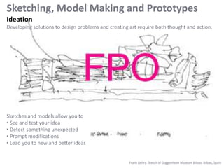 Sketching, Model Making and Prototypes
Ideation
Developing solutions to design problems and creating art require both thought and action.
Sketches and models allow you to
• See and test your idea
• Detect something unexpected
• Prompt modifications
• Lead you to new and better ideas
Frank Gehry. Sketch of Guggenheim Museum Bilbao. Bilbao, Spain
 