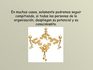 En muchos casos, solamente podremos seguir compitiendo, si todas las personas de la organización, despliegan su potencial y su conocimiento. 