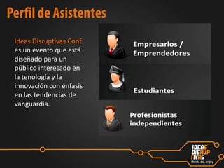 Ideas Disruptivas Conf
es un evento que está
diseñado para un
público interesado en
la tenología y la
innovación con énfasis
en las tendencias de
vanguardia.

 