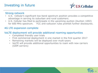 Investing in future
4G LTE expansion complete
VoLTE deployment will provide additional roaming opportunities
• Completed friendly user trials
• First commercial deployment in one market in the first quarter 2017
• Remaining markets will be deployed over multi-years
• VoLTE will provide additional opportunities to roam with new carriers
(GSM carriers)
Strong network
• U.S. Cellular’s significant low-band spectrum position provides a competitive
advantage in serving its suburban and rural customers.
• U.S. Cellular has filed to participate in the upcoming auction (Auction 1002)
for 600 MHz spectrum. FCC anti-collusion rules prohibit further disclosures.
10
 