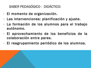 SABER PEDAGÓGICO - DIDÁCTICO:
- El momento de organización.
- Las intervenciones: planificación y ajuste.
- La formación de los alumnos para el trabajo
autónomo.
- El aprovechamiento de los beneficios de la
colaboración entre pares.
- El reagrupamiento periódico de los alumnos.
 
