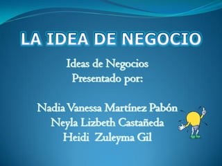 Ideas de Negocios
      Presentado por:

Nadia Vanessa Martínez Pabón
  Neyla Lizbeth Castañeda
     Heidi Zuleyma Gil
 