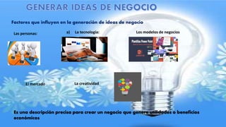 Es una descripción precisa para crear un negocio que genere utilidades o beneficios
económicos
Las personas: a) La tecnología: Los modelos de negocios
El mercado La creatividad
Factores que influyen en la generación de ideas de negocio
 