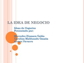 LA IDEA DE NEGOCIO Ideas de Negocios Presentado por: Mercedes Xiomara Galán Carolina Maldonado Omaña Alvaro Navarro 