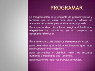  Ver que nuestro proyecto no vaya en contra de las regulaciones.Básicamente podemos nombrar 6 pasos que nos ayudaran a convertir nuestra idea en realidad:1. Descubrir la oportunidad: no es necesario inventar algo nuevo, sino estar alerta a las nuevas oportunidades que se nos pueden presentar. 2. “Pulir” la idea: a veces las ideas son un diamante en bruto, y es necesario pulirlas y verificar si realmente puede llevarse a cabo, si es rentable y satisface una necesidad concreta. 